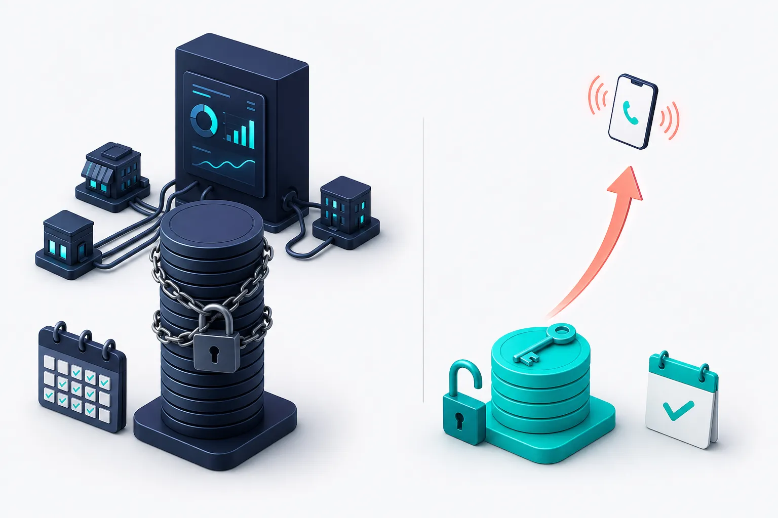 A tall stack of navy coins chained to a twelve-month calendar beside a short stack of teal coins with an open lock, a key, and a phone ringing above