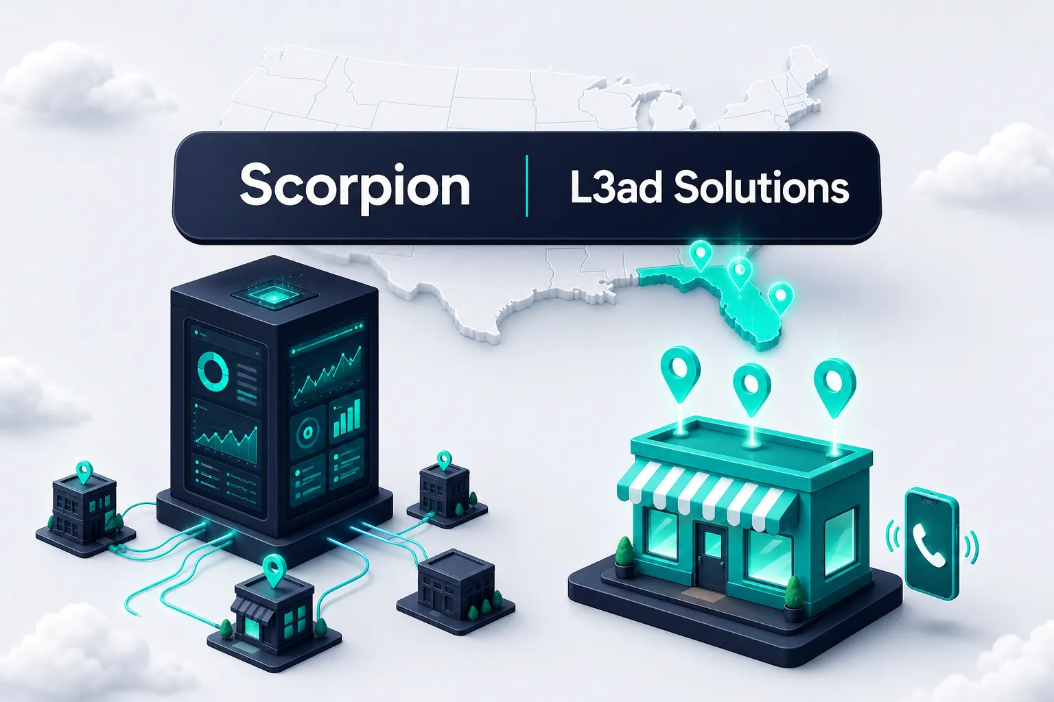 The Scorpion and L3ad Solutions wordmarks on a navy bar over a map of the United States with Florida in teal, a platform slab with a dashboard screen on the left and a storefront with a ringing phone on the right