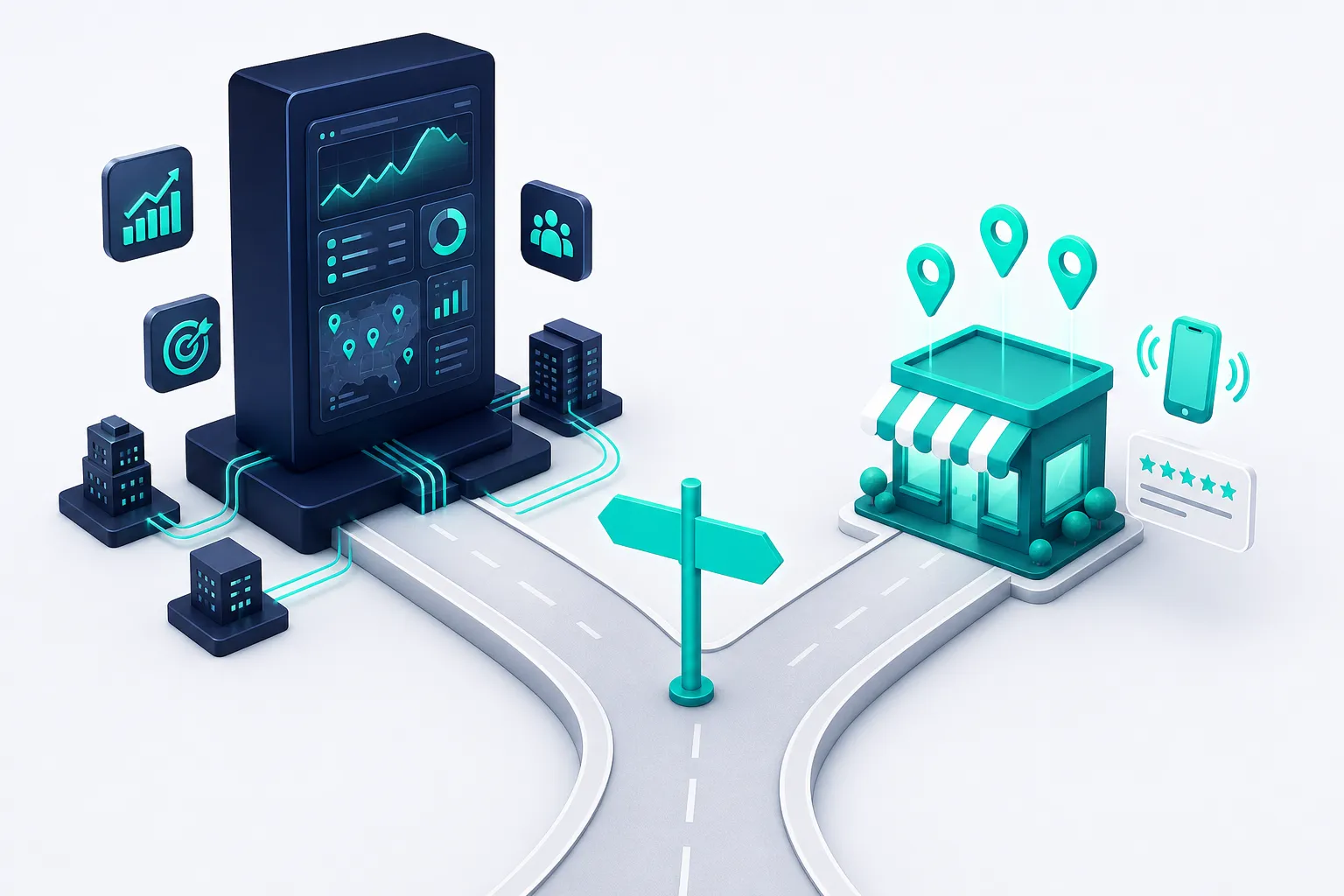 A fork in the road: one branch leads to a platform slab with a dashboard screen and connected buildings, the other to a storefront with map pins, a five-star review card, and a ringing phone