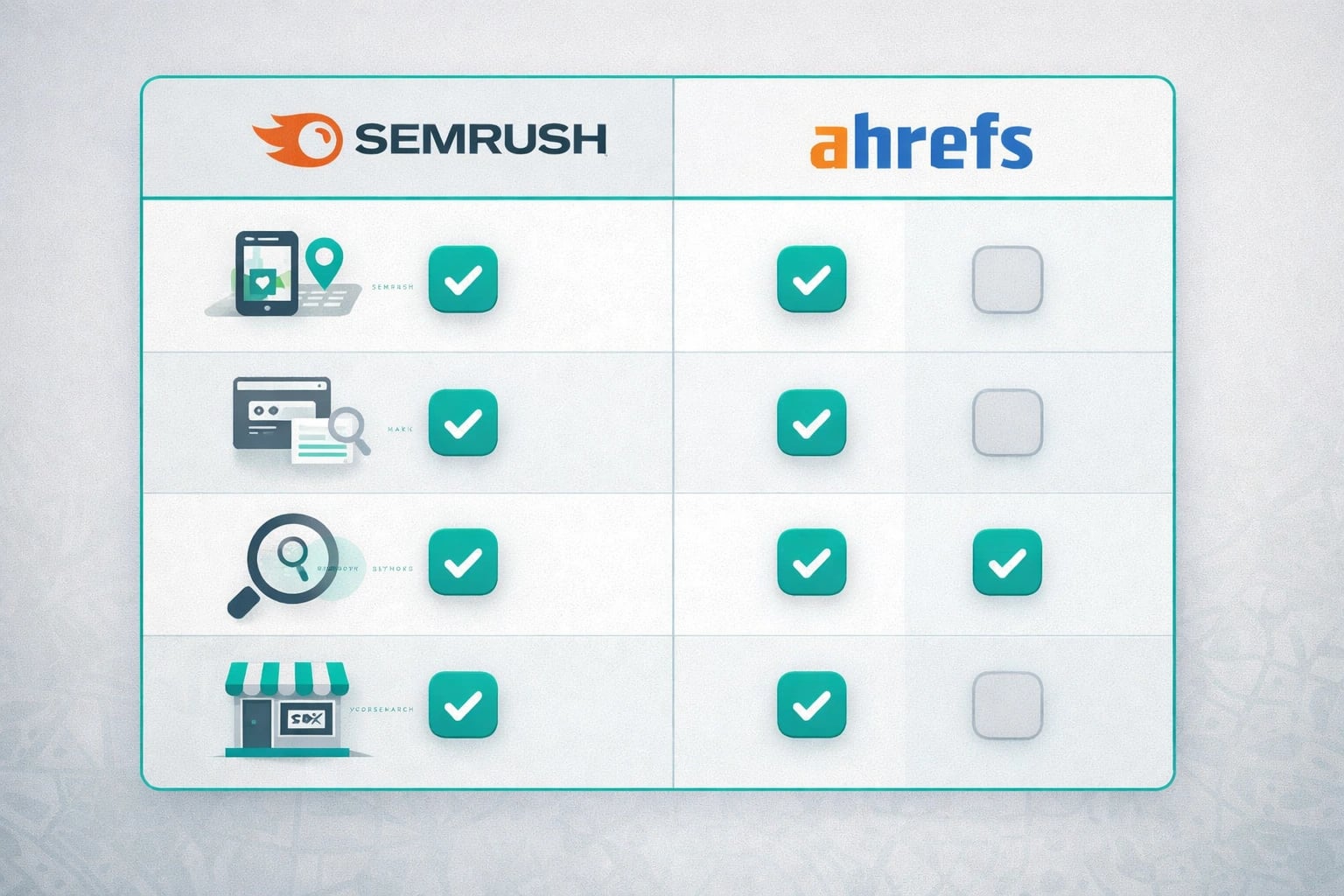 Feature comparison chart showing Semrush and Ahrefs local SEO capabilities side by side