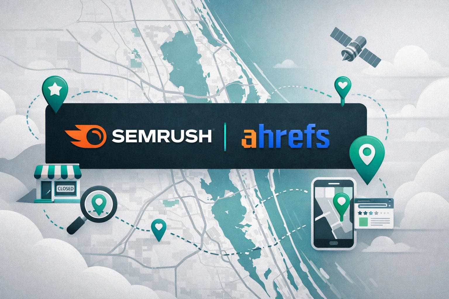 Semrush and Ahrefs logos side by side with local SEO elements like map pins and business listings