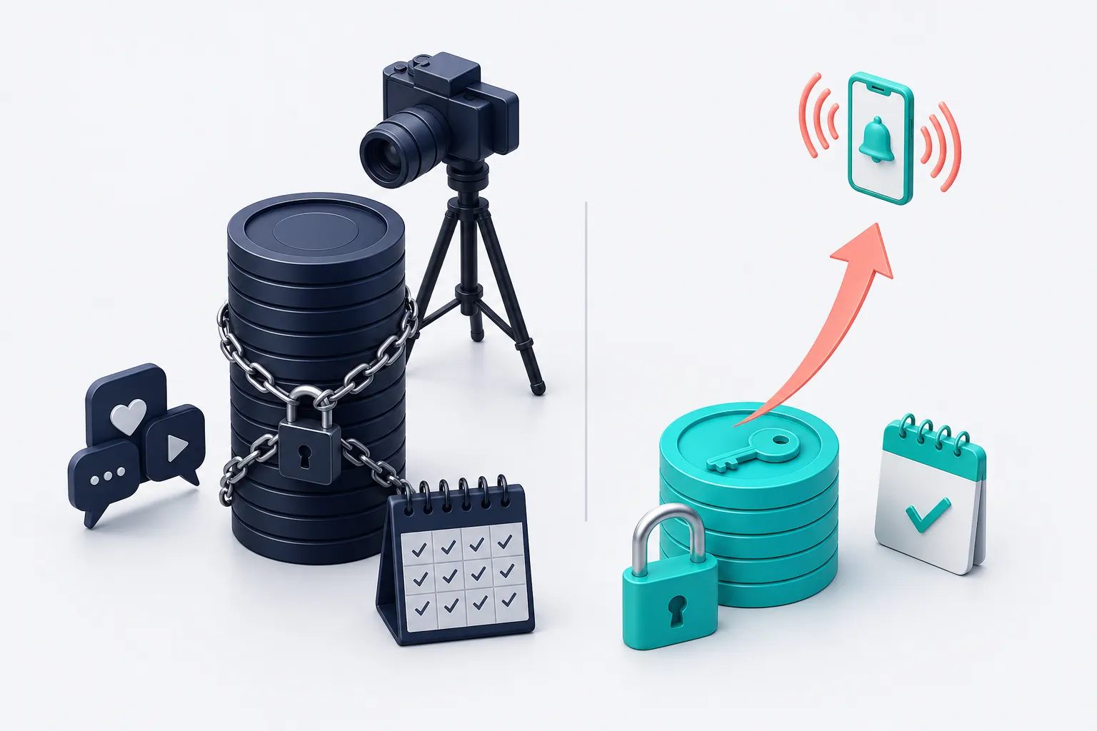A tall stack of navy coins chained to a twelve-month calendar beside a short stack of teal coins with an open lock, a key, and a phone ringing above
