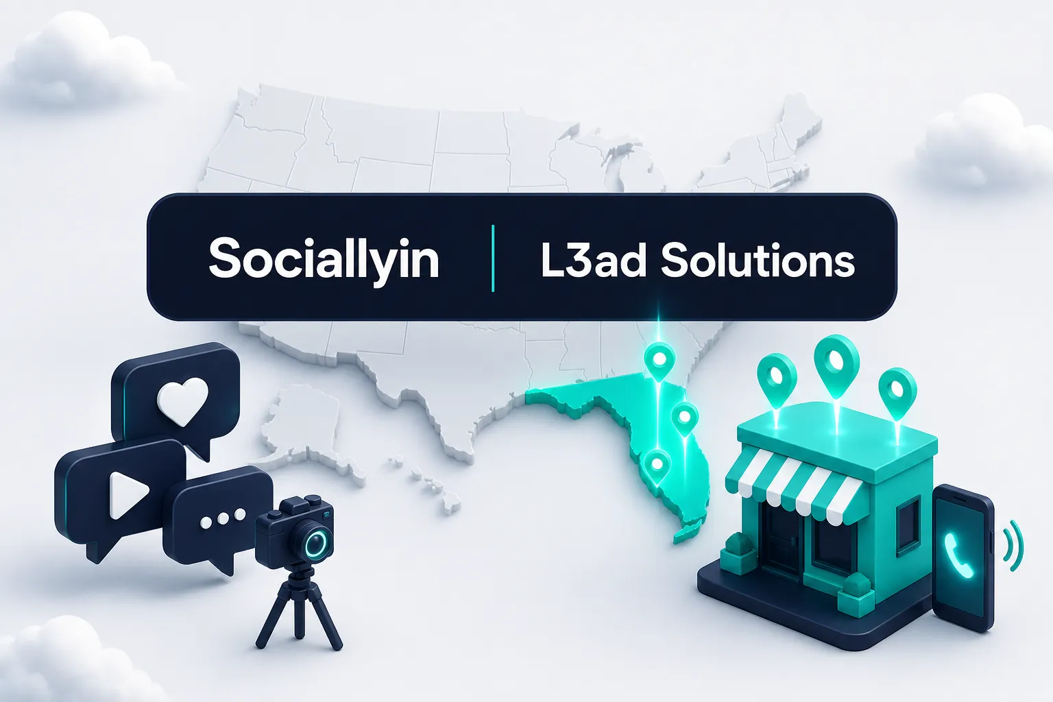 The Sociallyin and L3ad Solutions wordmarks on a navy bar over a map of the United States with Florida in teal, social speech bubbles and a camera on the left and a storefront with a ringing phone on the right