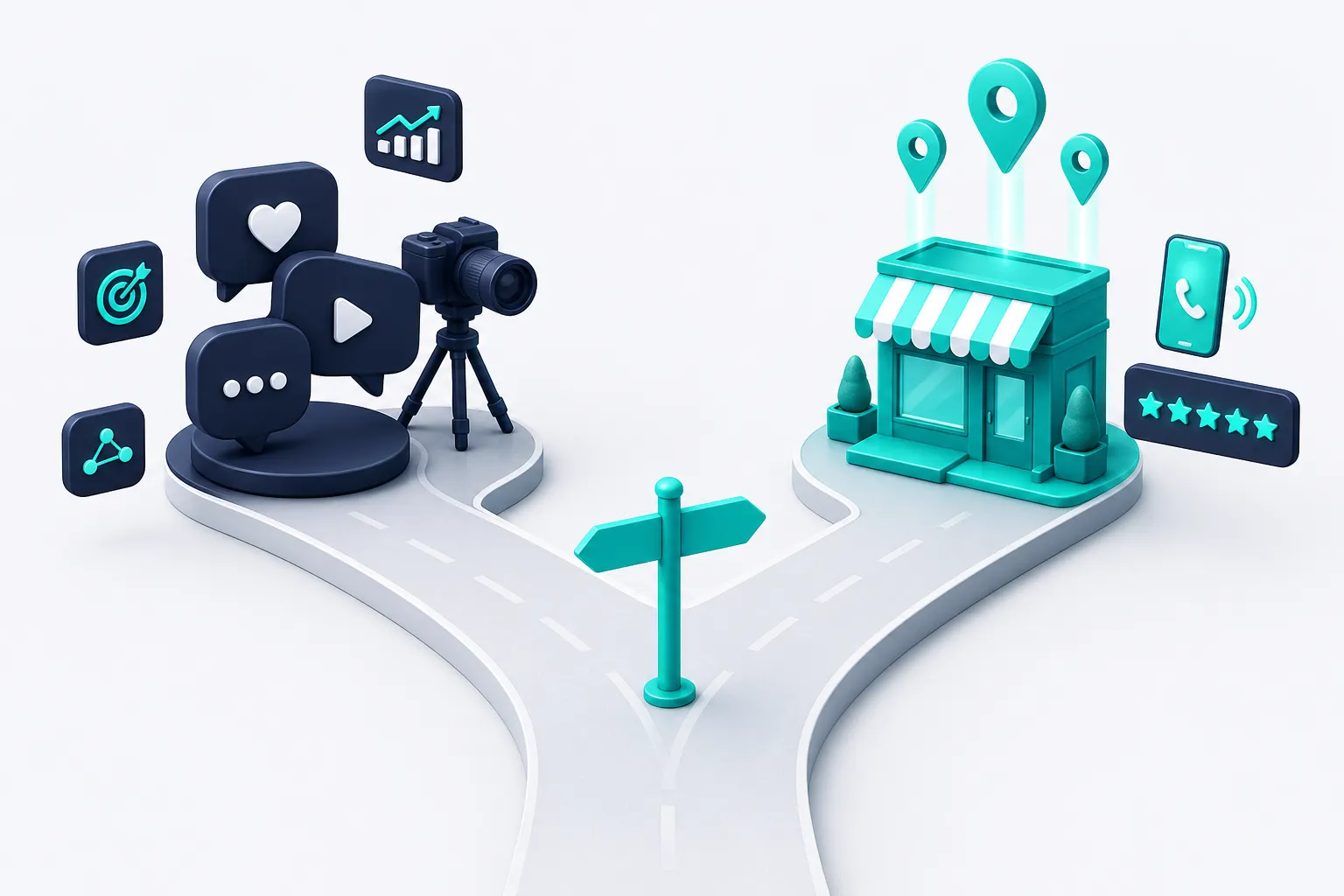 A fork in the road: one branch leads to social speech bubbles and a camera on a tripod, the other to a storefront with map pins, a five-star review card, and a ringing phone