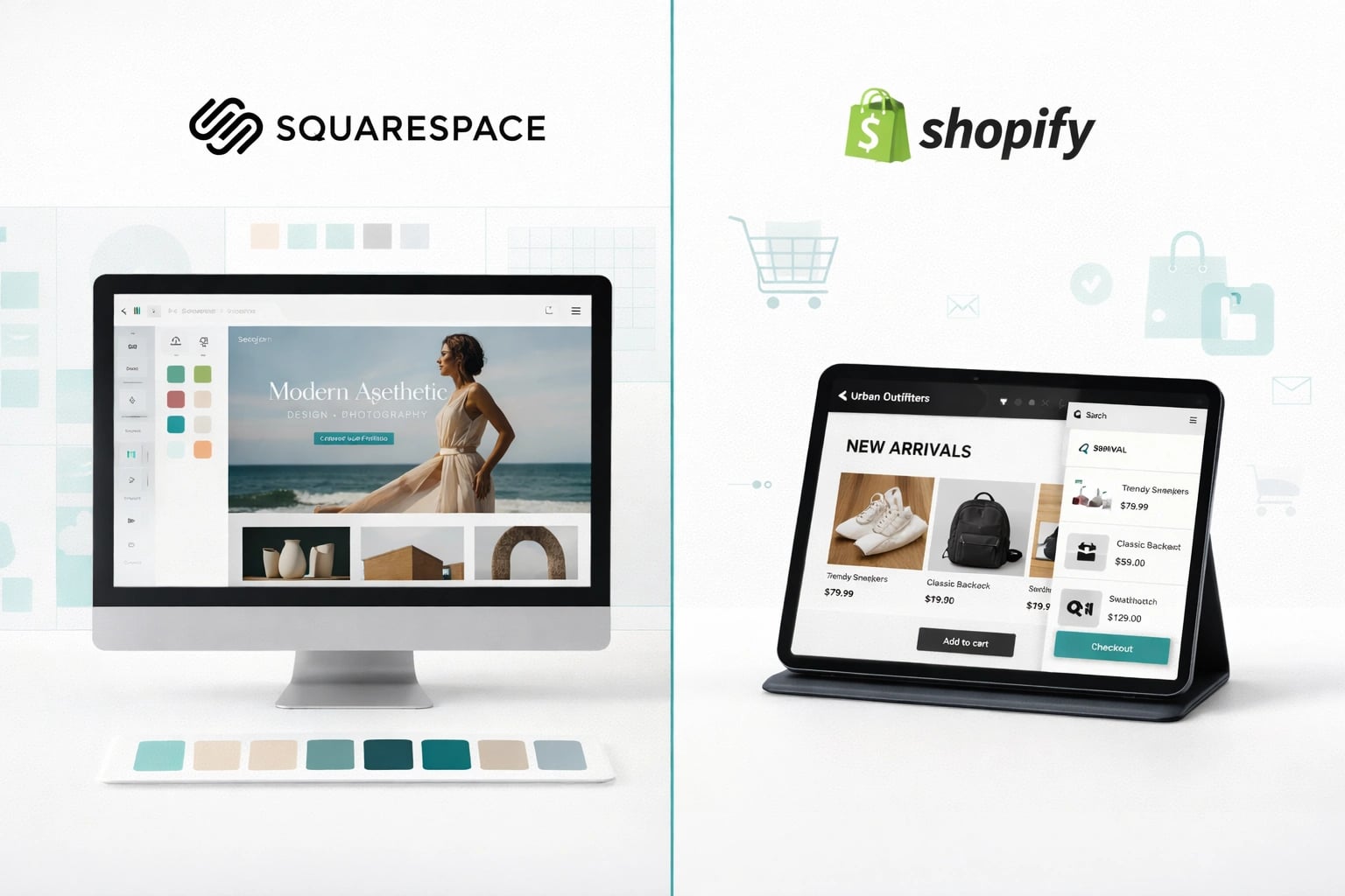 Feature comparison showing Squarespace design tools versus Shopify ecommerce tools