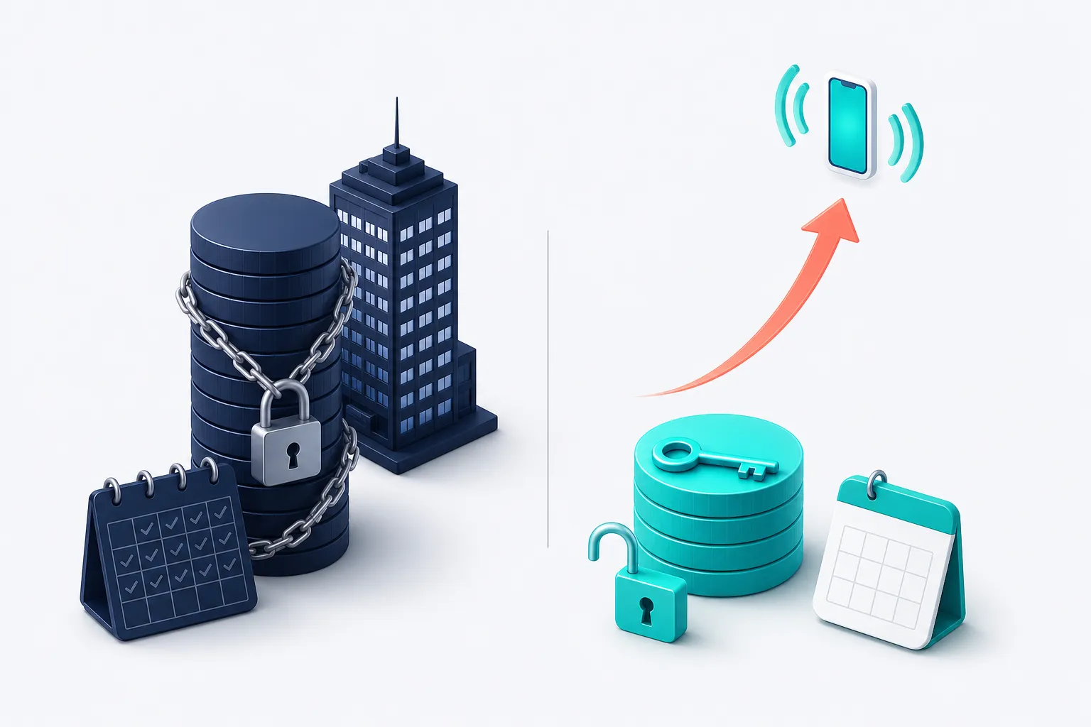 A tall stack of navy coins chained to a twelve-month calendar beside a short stack of teal coins with an open lock, a key, and a phone ringing above