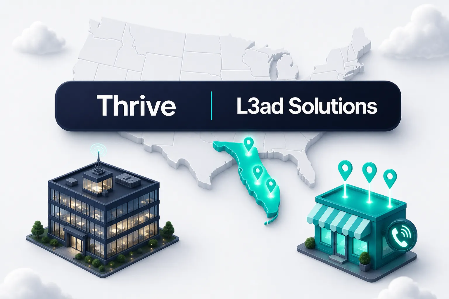 The Thrive and L3ad Solutions wordmarks on a navy bar over a map of the United States with Florida in teal, an office block on the left and a storefront with a ringing phone on the right