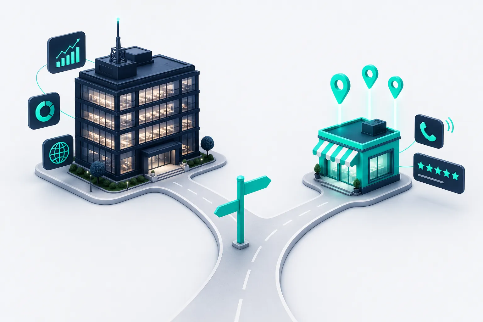 A fork in the road: one branch leads to a large office block ringed by channel icons, the other to a storefront with map pins, a five-star review card, and a ringing phone