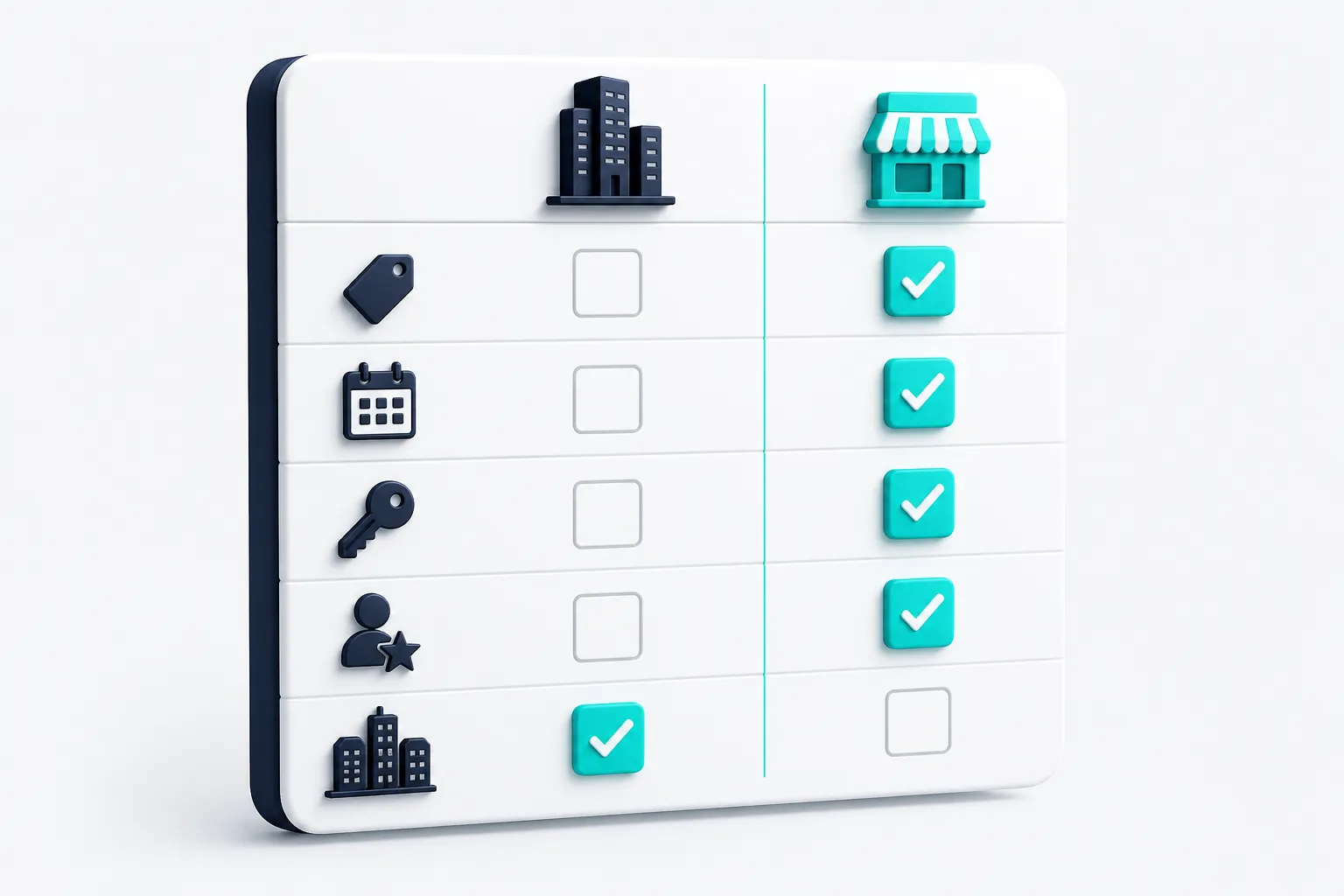 A comparison table of icons: price tag, calendar, key, and founder rows check for L3ad Solutions, the enterprise-scale row checks for WebFX