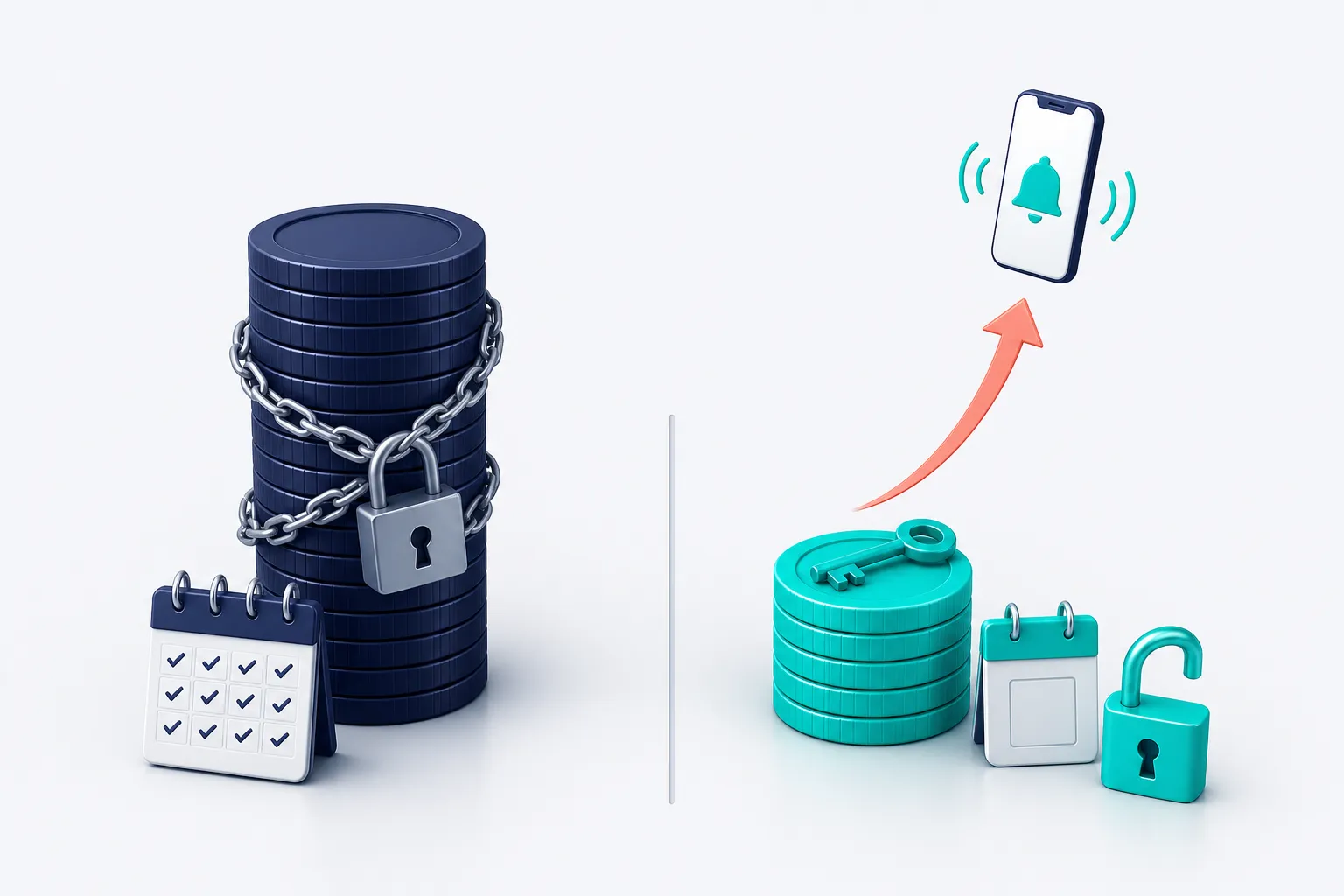 A tall stack of navy coins chained to a twelve-month calendar beside a short stack of teal coins with an open lock, a key, and a phone ringing above