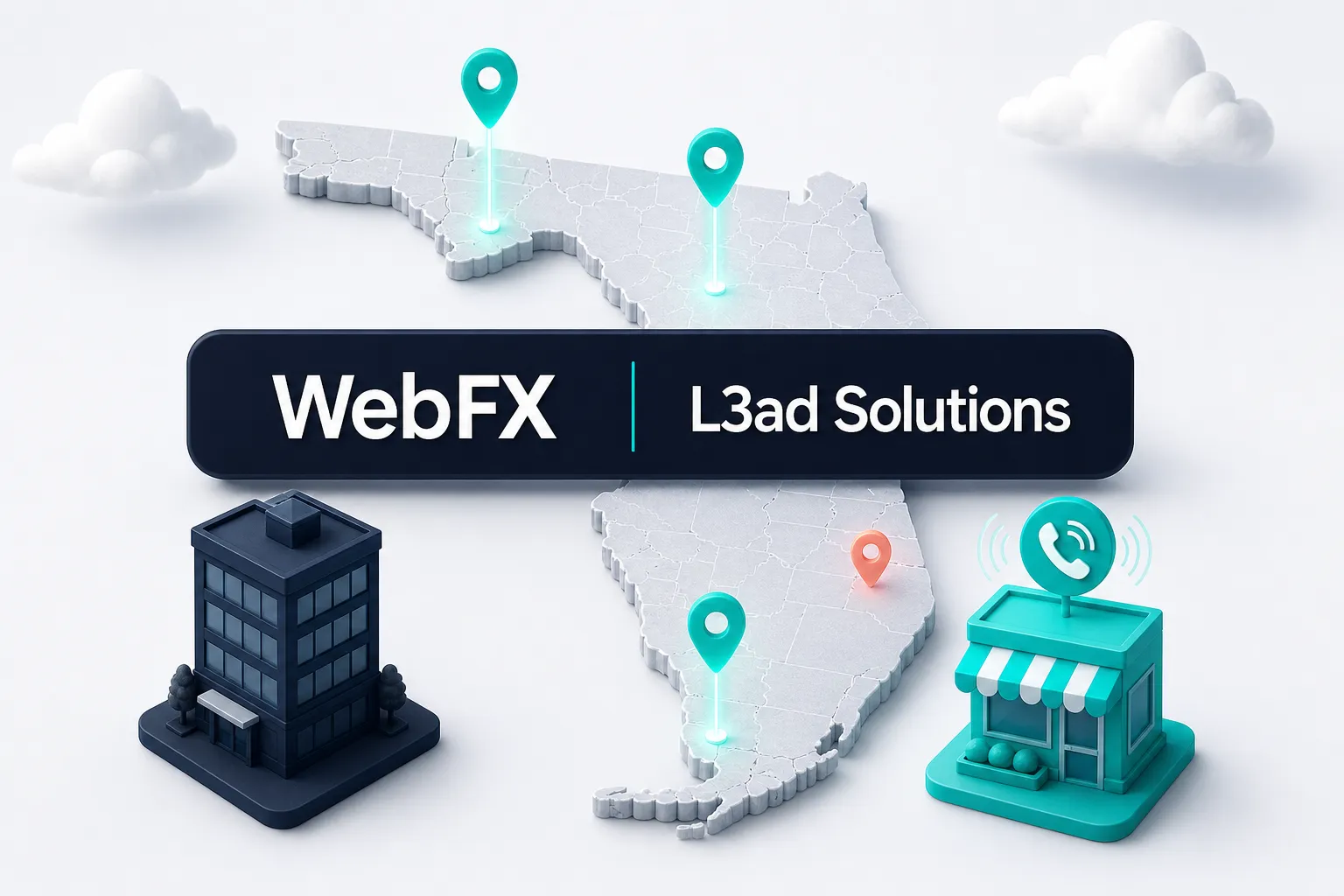 The WebFX and L3ad Solutions wordmarks over a map of Florida, an office tower on one side and a storefront with a ringing phone on the other