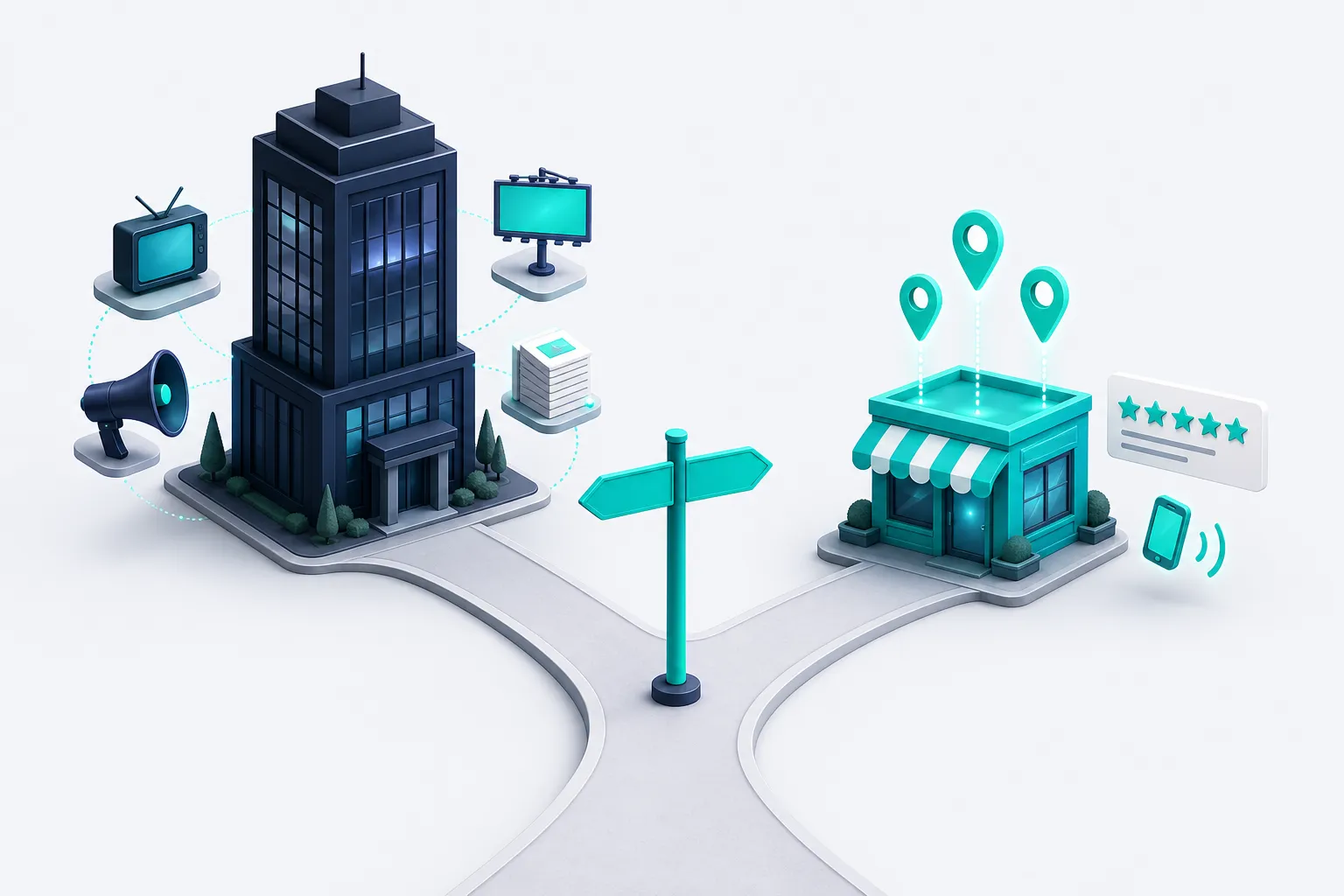 A fork in the road: one branch leads to a corporate tower ringed by TV, billboard, and megaphone icons, the other to a storefront with map pins, a five-star review card, and a ringing phone