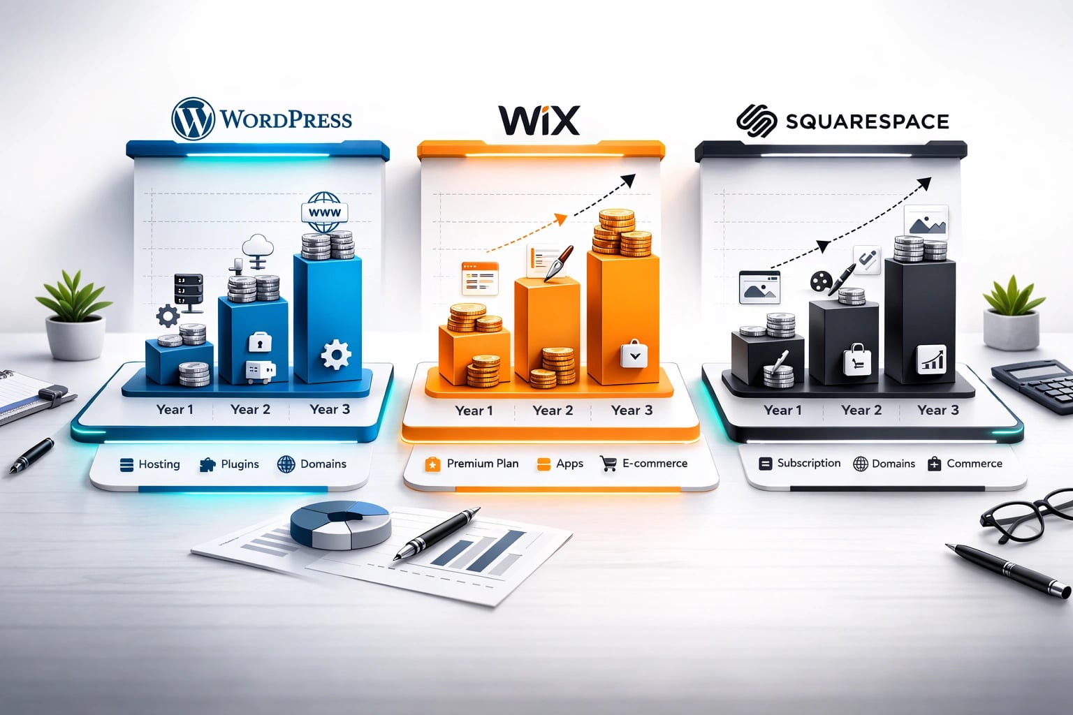 Three-year cost comparison of WordPress, Wix, and Squarespace