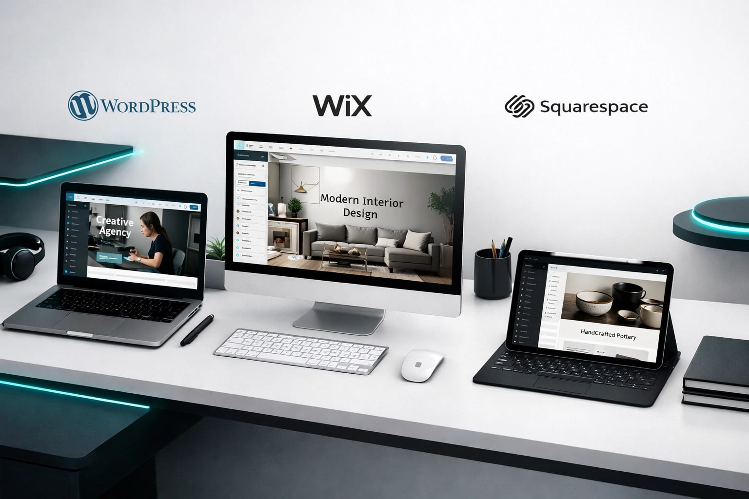 Side-by-side comparison of WordPress, Wix, and Squarespace website platforms