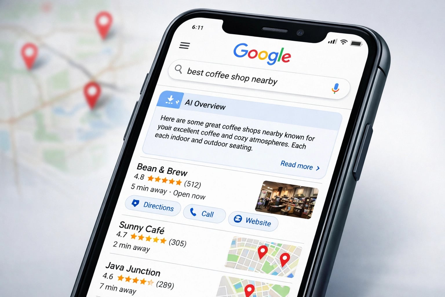 AI-driven search results showing local business listings for small business SEO
