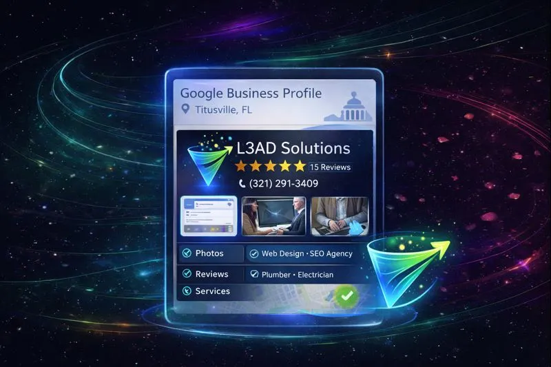 Above-the-fold trust elements including reviews, badges, and service area map for Space Coast business