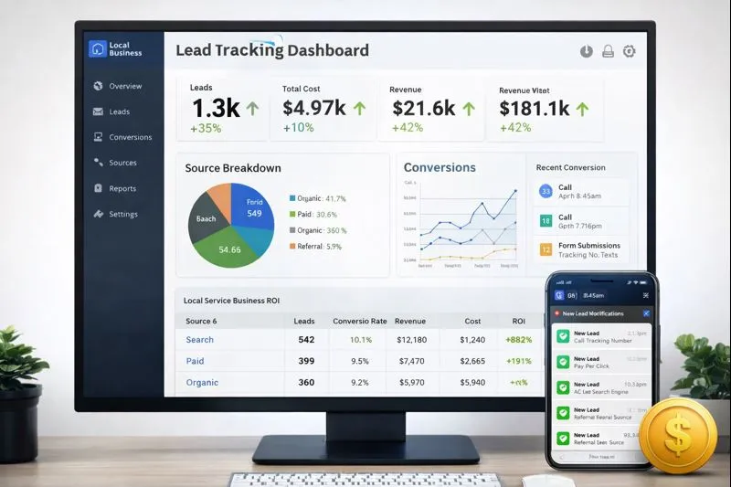 Sample lead tracking dashboard showing sources, conversions, and ROI for local service business