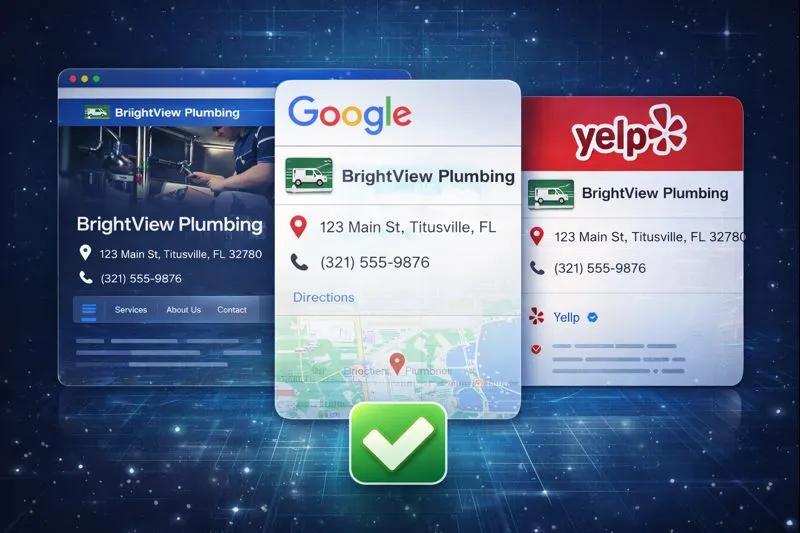 Screenshot of consistent NAP across website, GBP, and directory listings