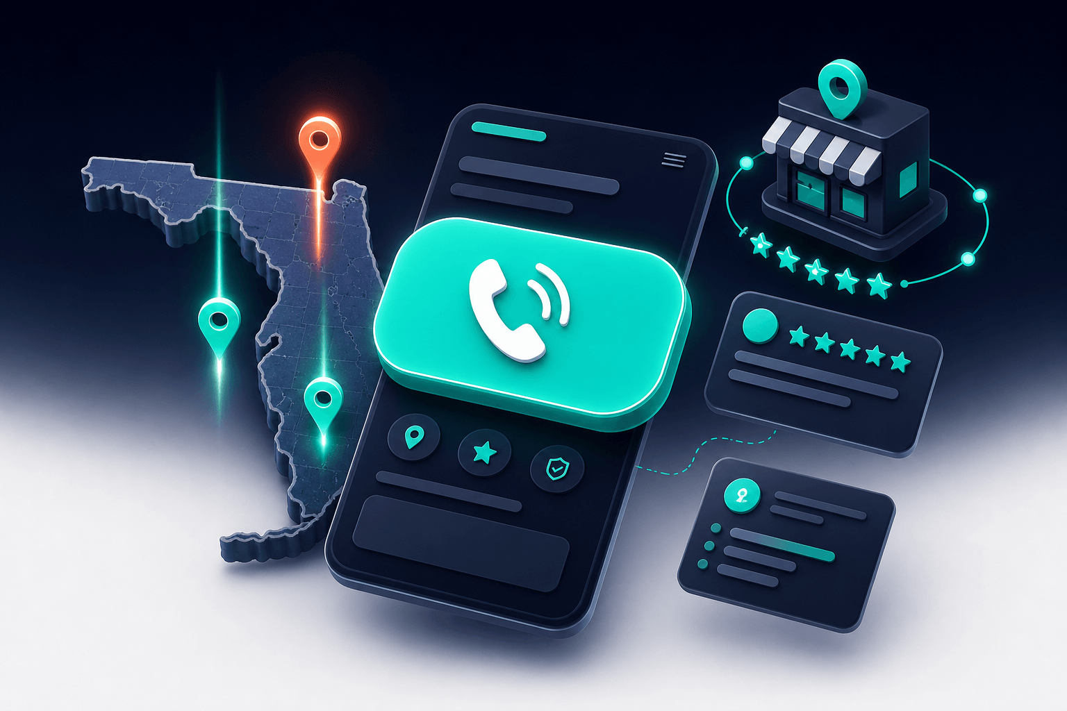 Isometric 3D illustration of a mobile website interface with a large visible phone number and click-to-call button above the fold, surrounded by floating trust elements