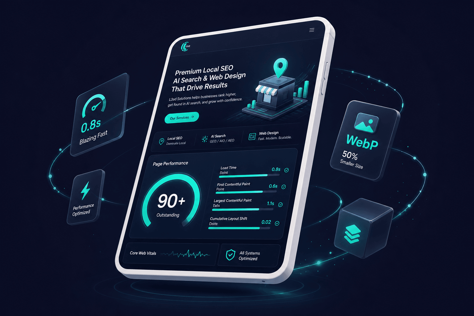Isometric illustration of a mobile phone loading a service business website in under three seconds with performance indicators