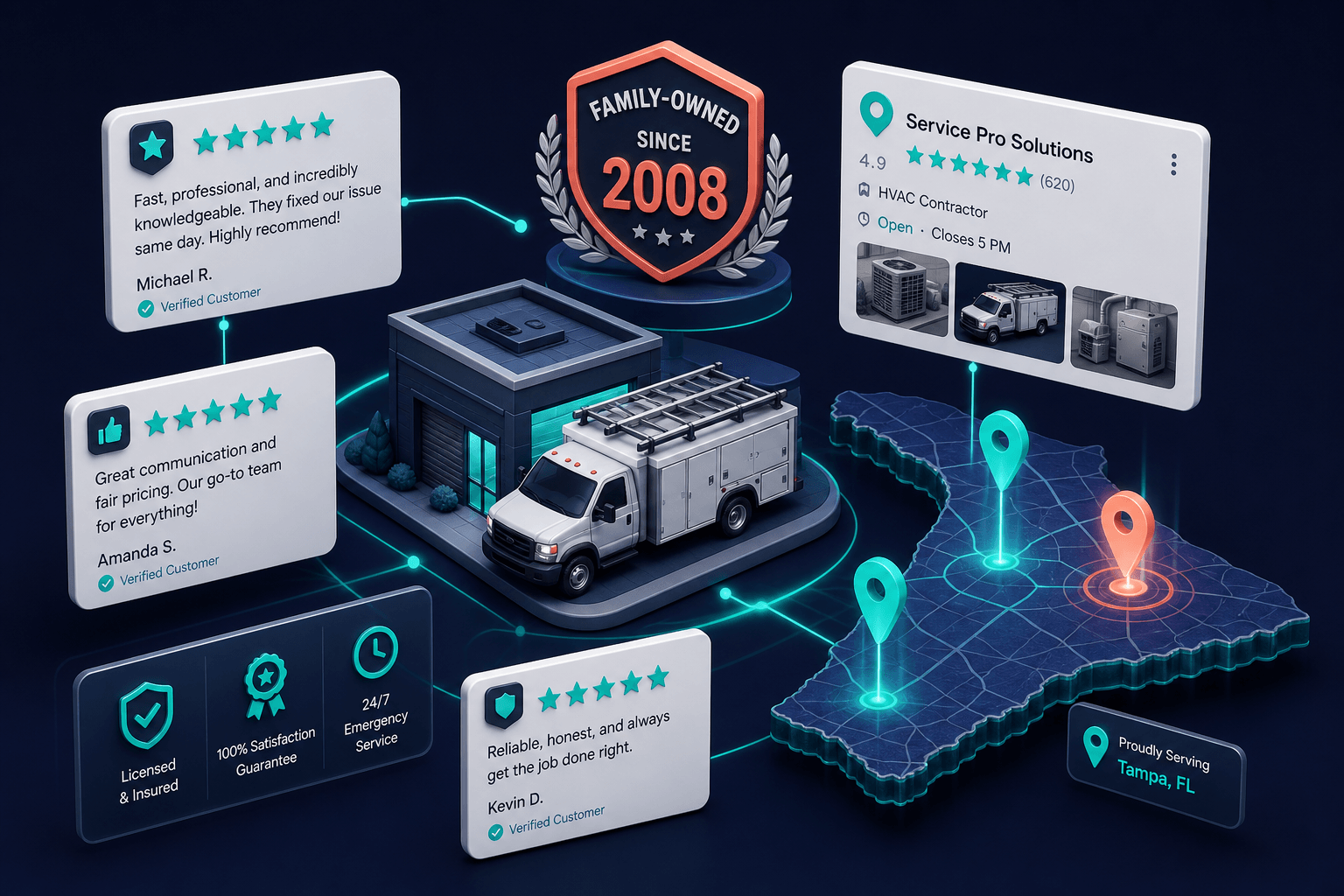 Isometric 3D illustration showing a website hero area with real reviews, team photo placeholder, years in business badge, and local service area reference