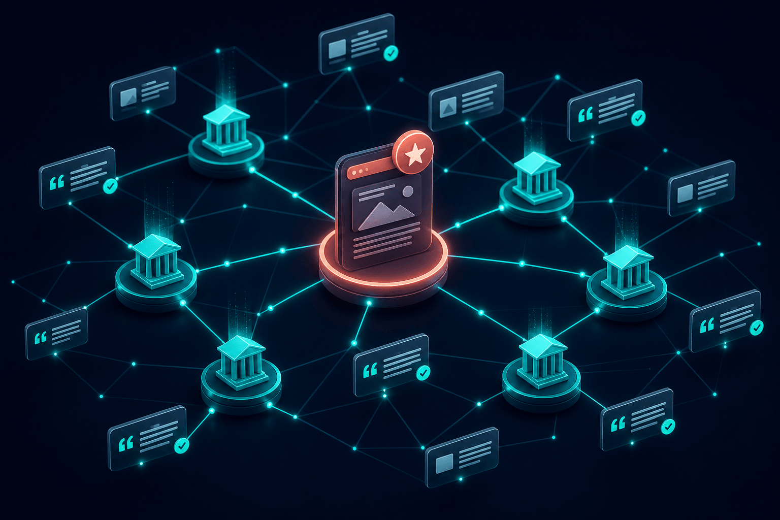 Floating 3D knowledge graph network with glowing authority site nodes and local press citation cards orbiting a central source on a navy and teal gradient background