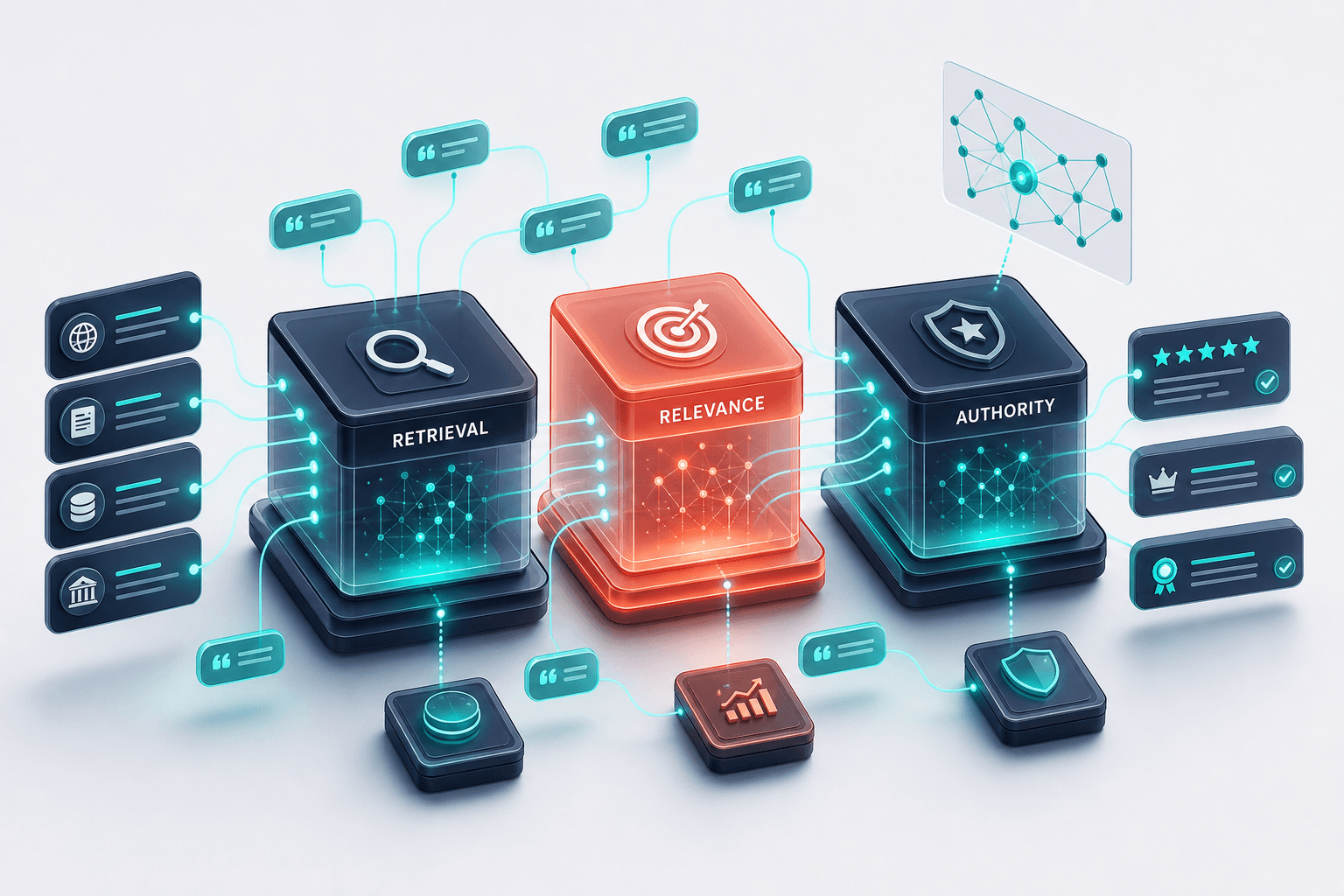 Isometric 3D ranking pipeline showing layered blocks for Retrieval, Relevance, and Authority with citation bubbles flowing between stages on a soft navy and off-white gradient