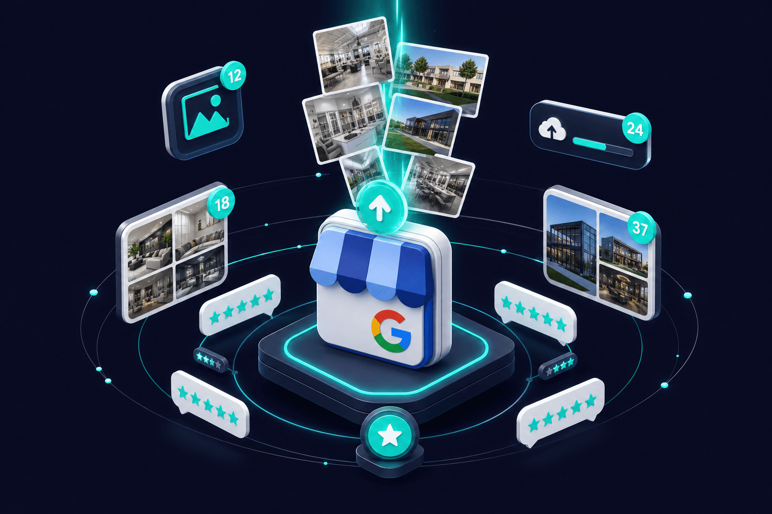Isometric 3D illustration of real-work photos and review-star clusters uploading into a central Google Business Profile icon with monthly upload indicators on a navy and teal color palette