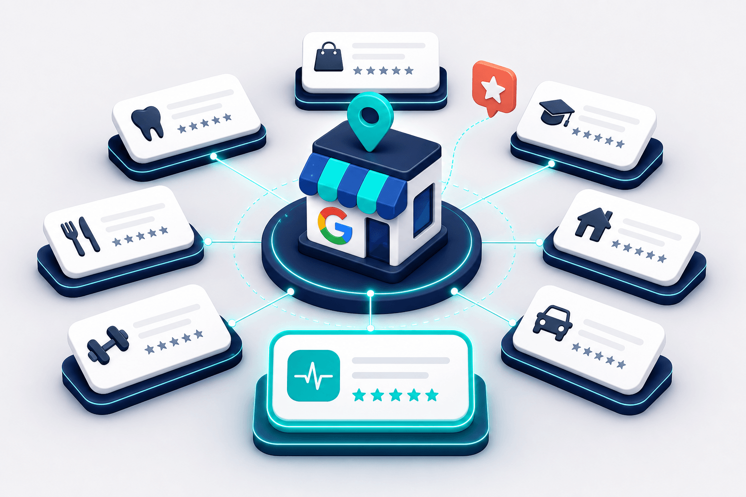 Isometric 3D illustration of primary and secondary category cards floating around a central Google Business Profile storefront icon, with the primary category highlighted in teal on a navy and off-white background