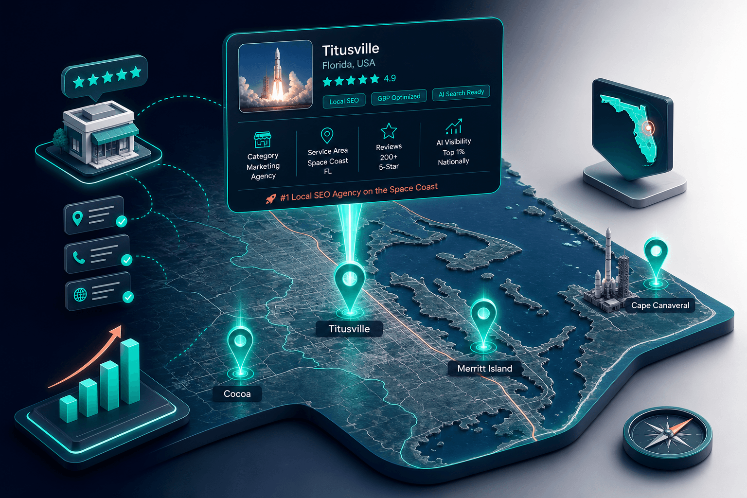Conceptual 3D map of Florida's Space Coast showing Titusville-centered service area with glowing pins for Titusville, Cocoa, Merritt Island and surrounding cities