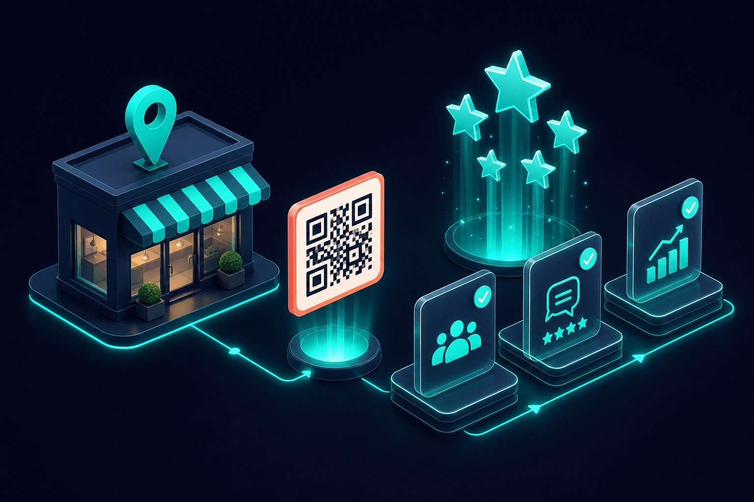 Isometric view of a service workflow showing in-person review request with QR code card after job completion