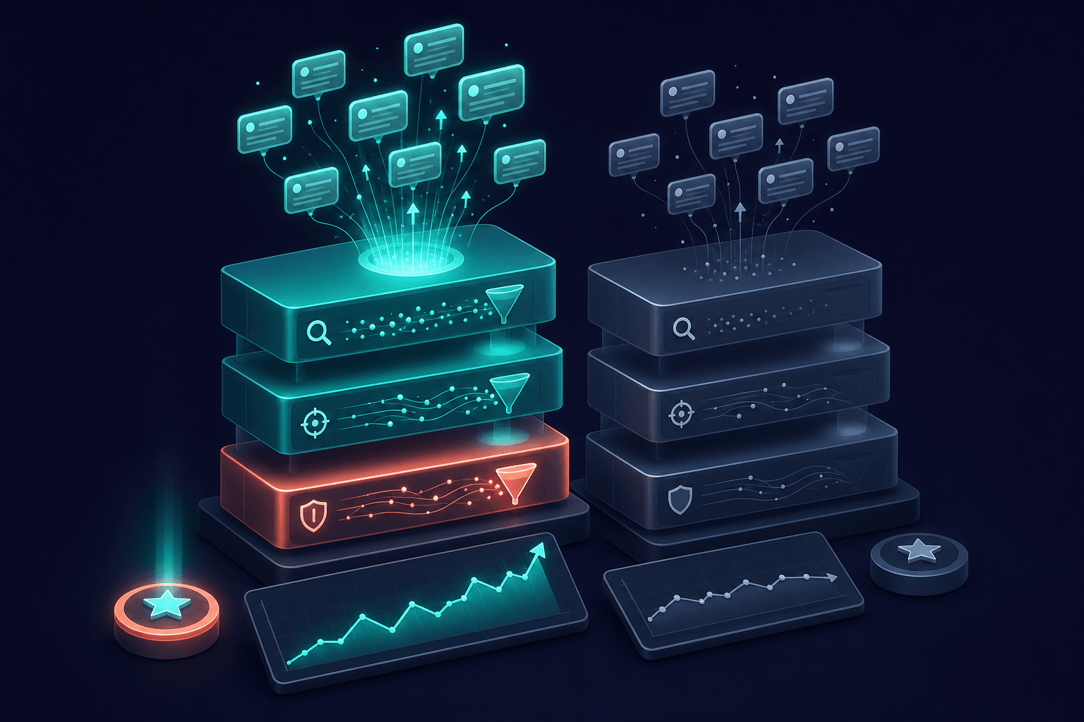 Isometric 3D comparison of two ranking pipelines showing recent review velocity versus stale reviews, with glowing citation bubbles and ranking sparklines