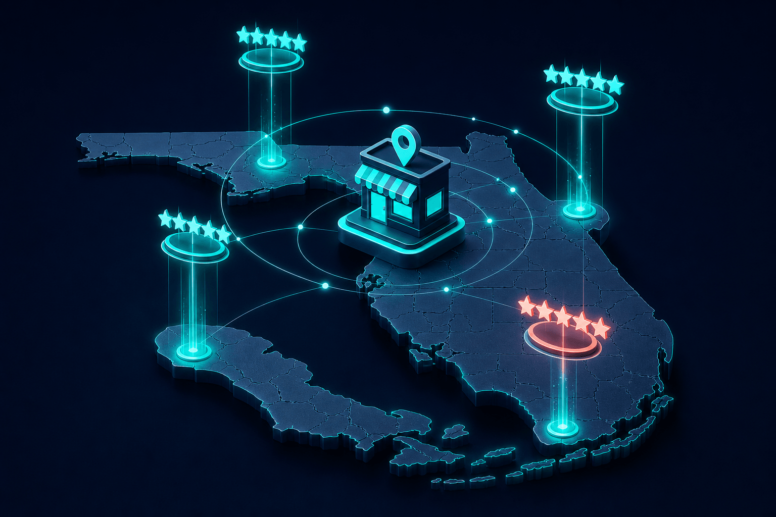 Conceptual illustration of review velocity boosting local map pack prominence with glowing review icons on a Florida regional map