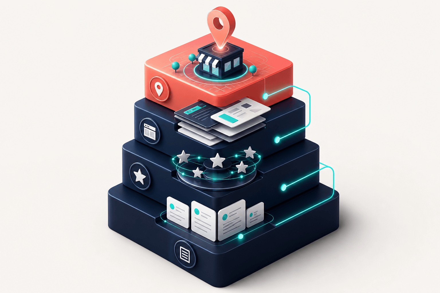 Conceptual 3D illustration showing four symbolic pillars of local SEO arranged in priority order with glowing connections and ranking signals