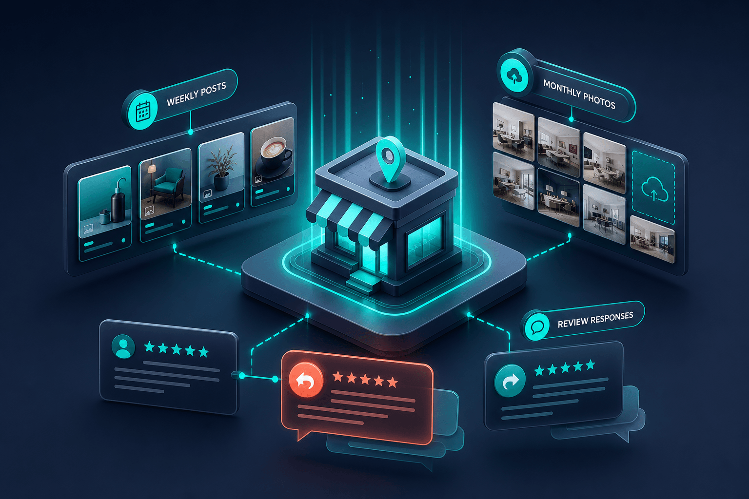 Isometric 3D visualization of an active Google Business Profile with weekly posts, photo uploads, and glowing review responses on a navy gradient