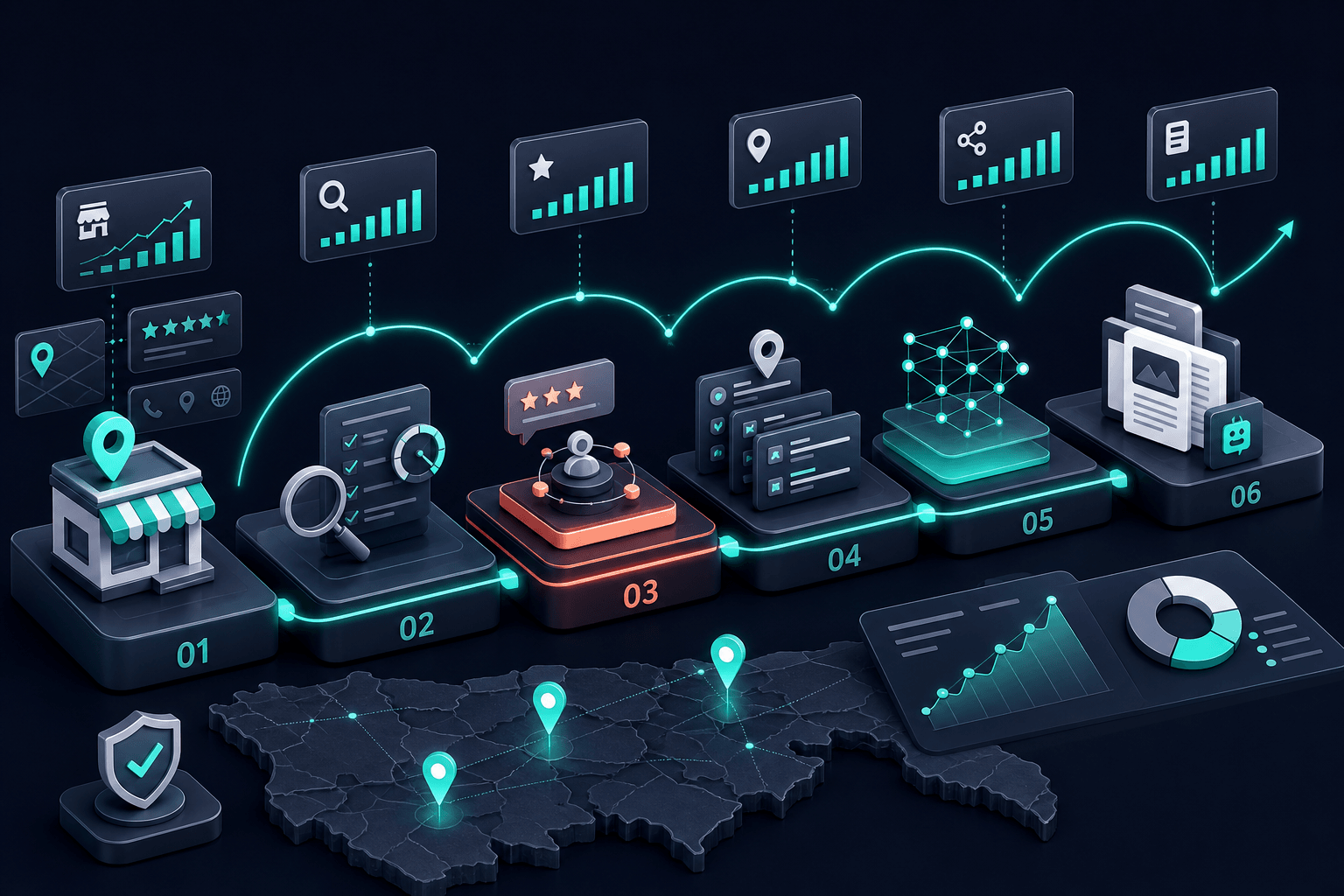 Isometric 3D timeline showing the six-month local SEO investment sequence with priority blocks and compounding arrows