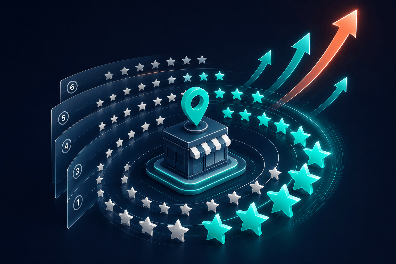 Conceptual 3D illustration of review stars accumulating over time into a protective moat around a business icon with velocity indicators
