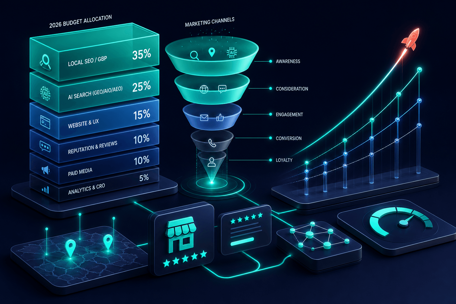 Isometric 3D visualization of a 2026 dental marketing plan with layered budget allocation blocks, channel funnels, and growth trajectory arcs