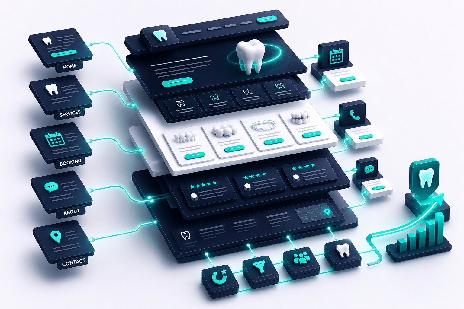 Isometric 3D exploded view of a modern dental website architecture with layered service pages, booking CTAs, and conversion pathways