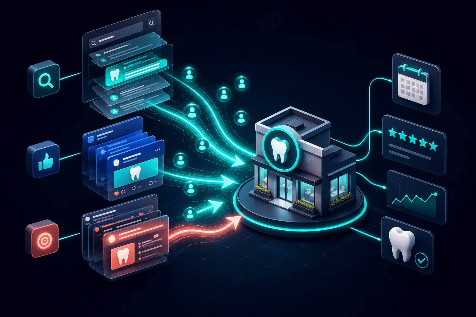 Isometric 3D rendering of targeted digital advertising pipeline delivering high-intent dental patients through layered search and social channels