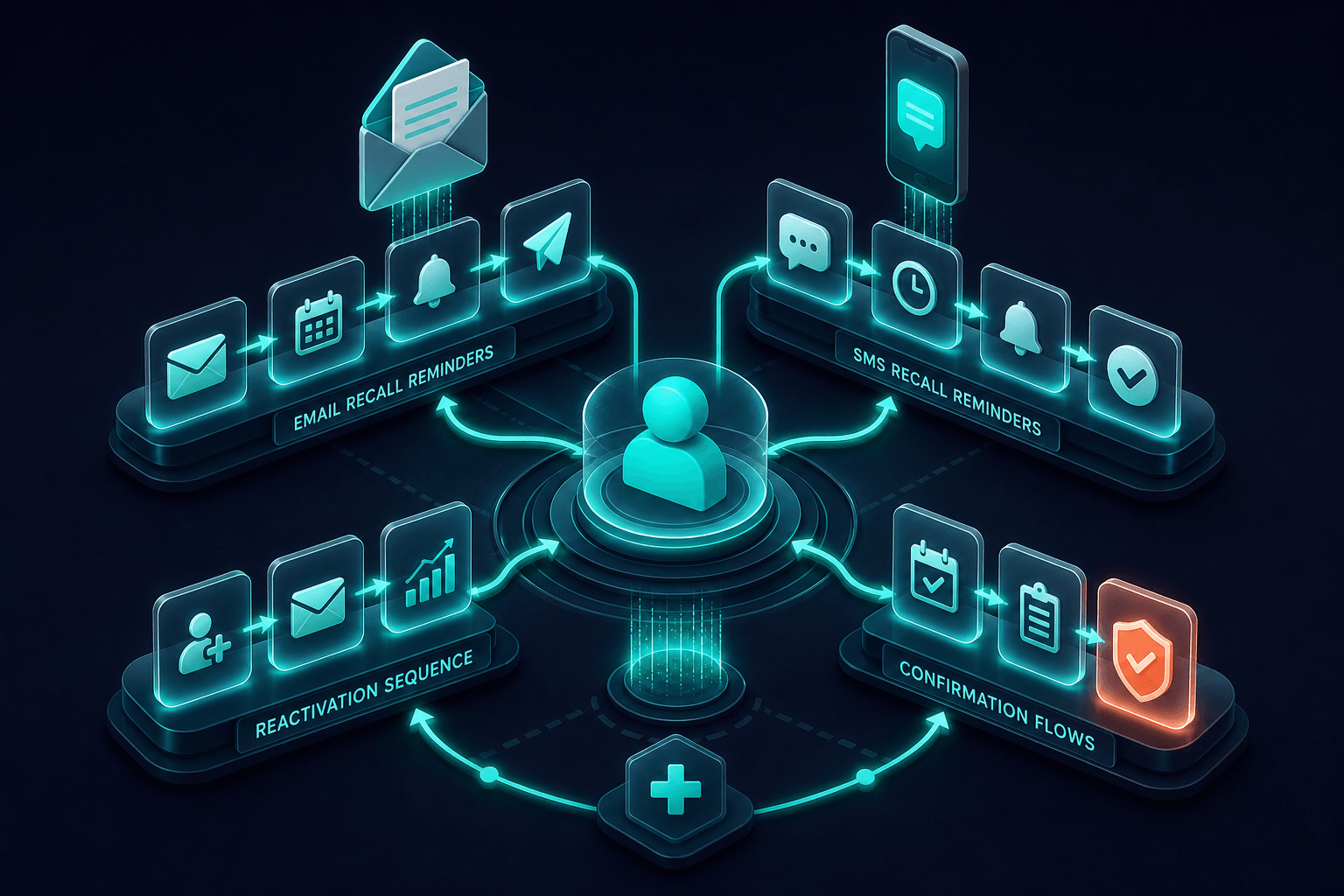 Isometric 3D illustration of automated email and SMS patient retention flows with layered communication pipelines and recall sequences
