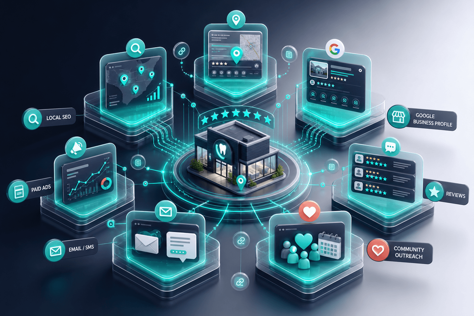 Isometric 3D conceptual illustration of integrated dental marketing channels with floating SEO blocks, Google Ads pipelines, review clusters, and community outreach elements connected by teal flows