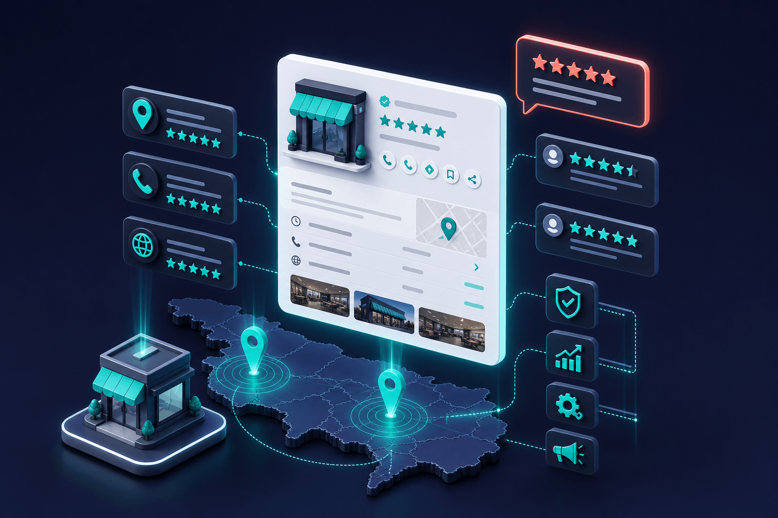 Floating 3D Google Business Profile knowledge panel card with optimized service areas map, review stars, and service list icons in teal on navy gradient