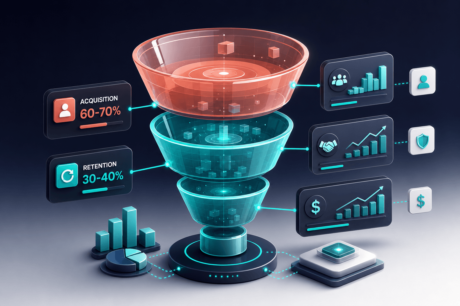 Isometric 3D layered marketing funnel with acquisition and retention segments, floating revenue goal blocks, and seasonal demand arcs in teal and coral on navy gradient