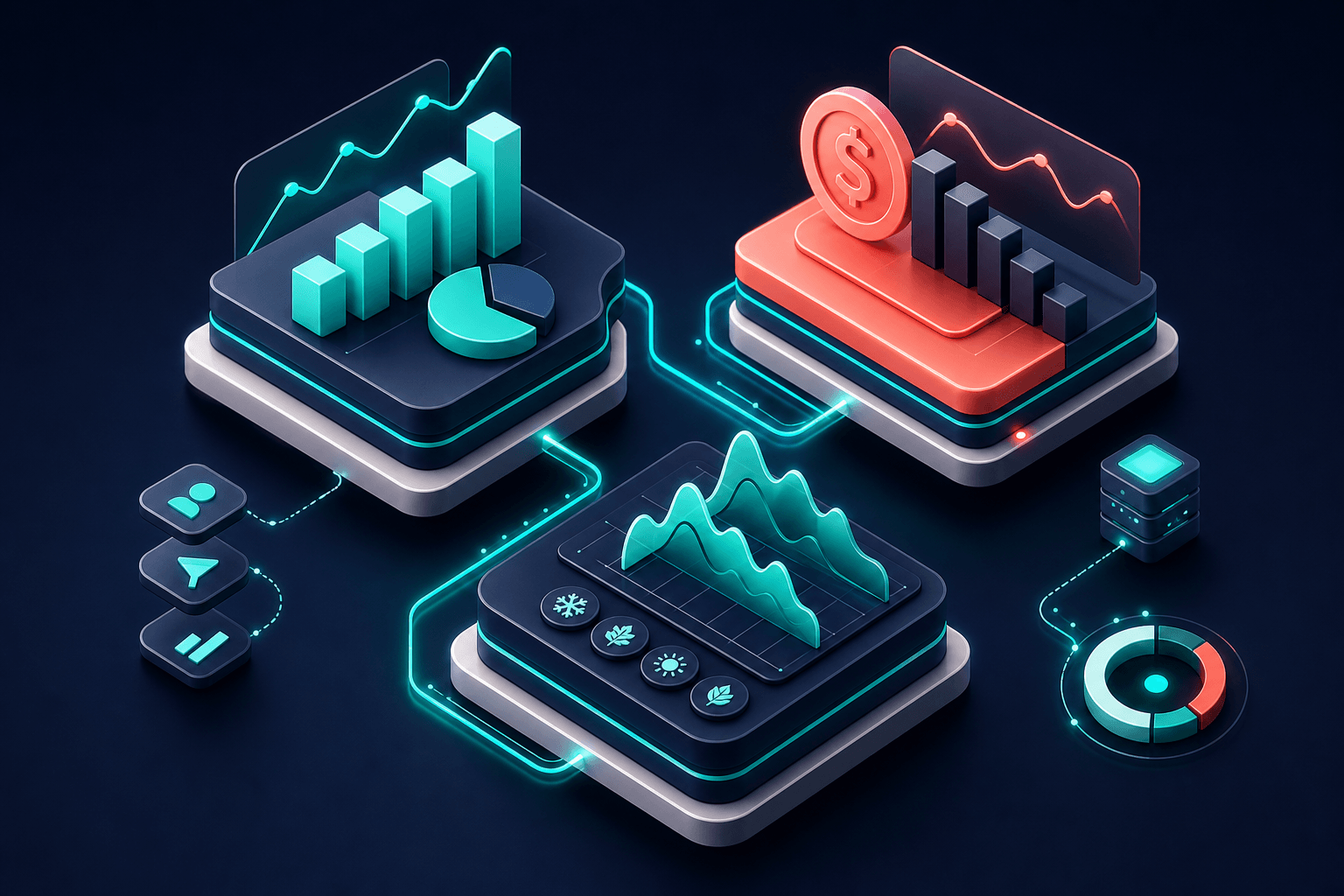 Conceptual 3D layered analytics blocks showing channel metrics, cost-per-booked-job sparklines, and seasonality timeline with teal highlights on deep navy background