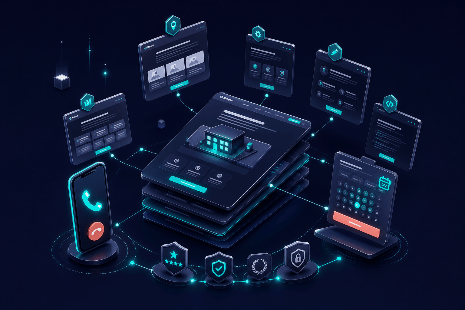 Conceptual 3D illustration of a mobile-first plumbing website with click-to-call buttons and booking elements