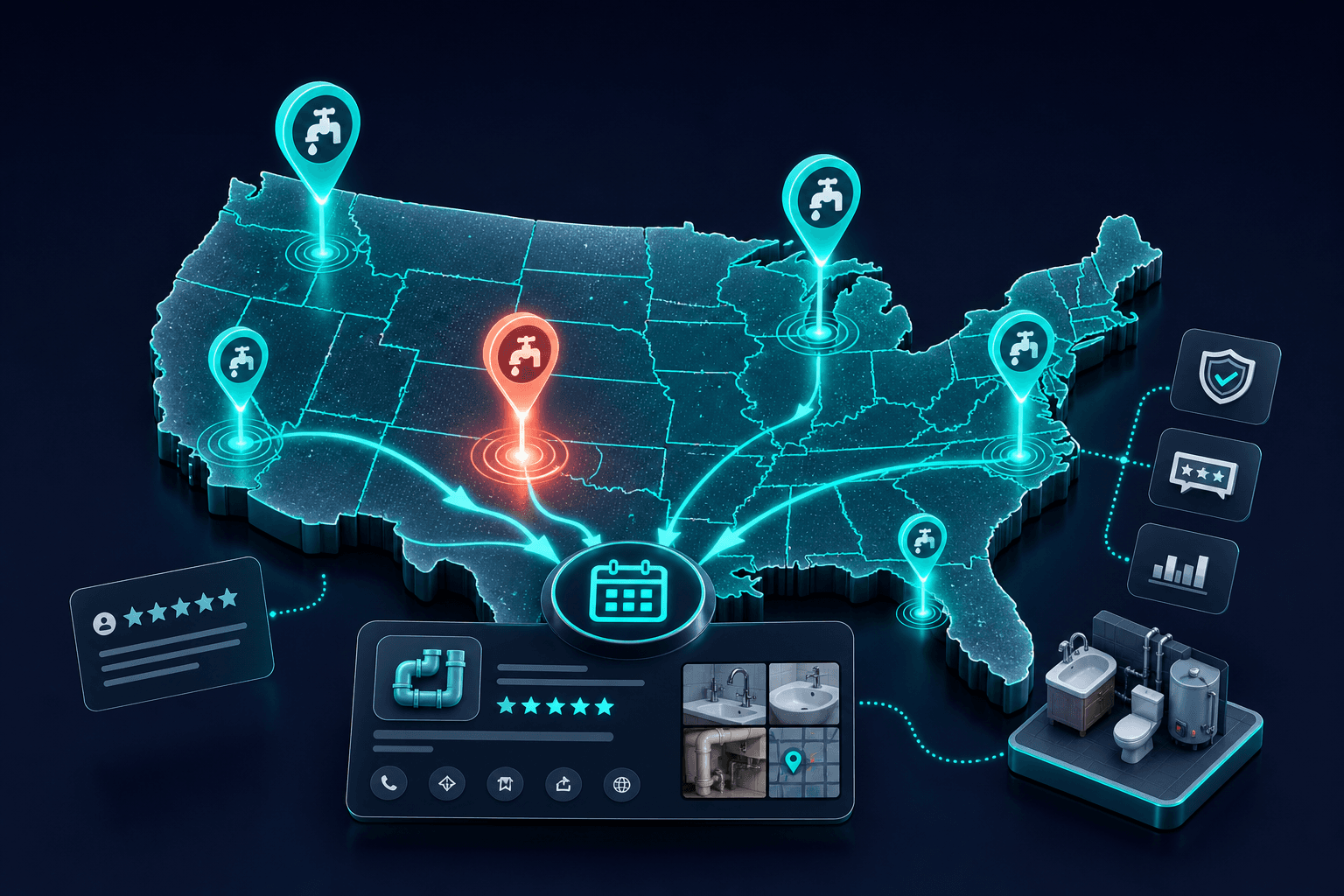 Premium conceptual illustration of a national plumbing marketing blueprint with visibility and lead flow elements