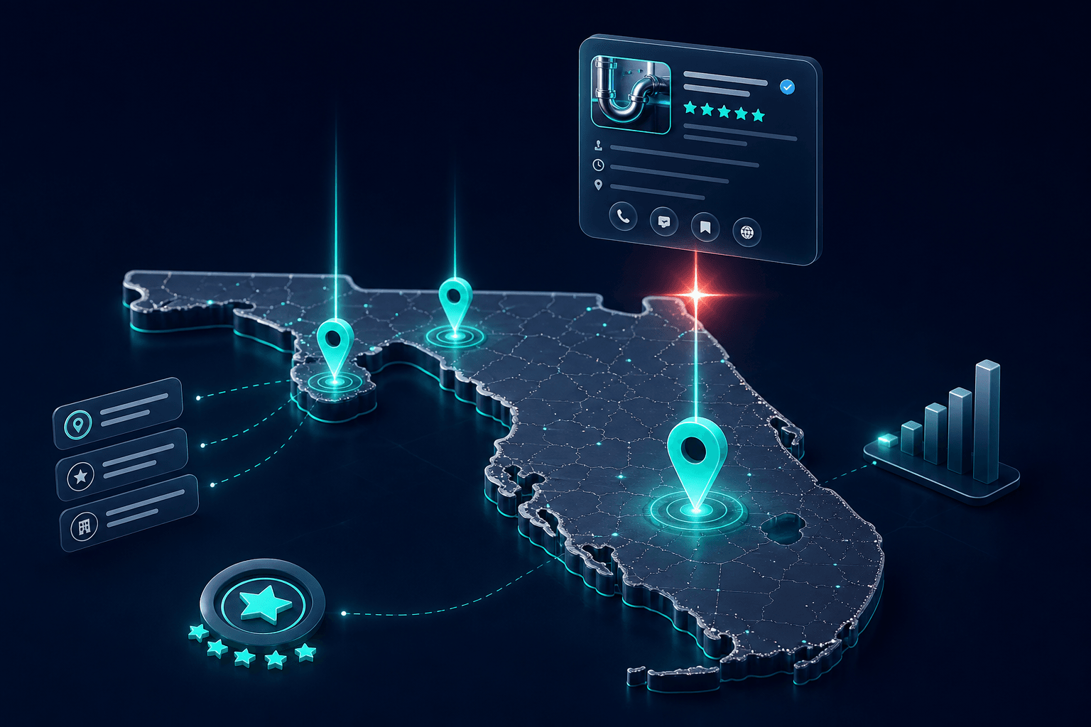 Conceptual illustration of local search visibility with map pins and business profile elements