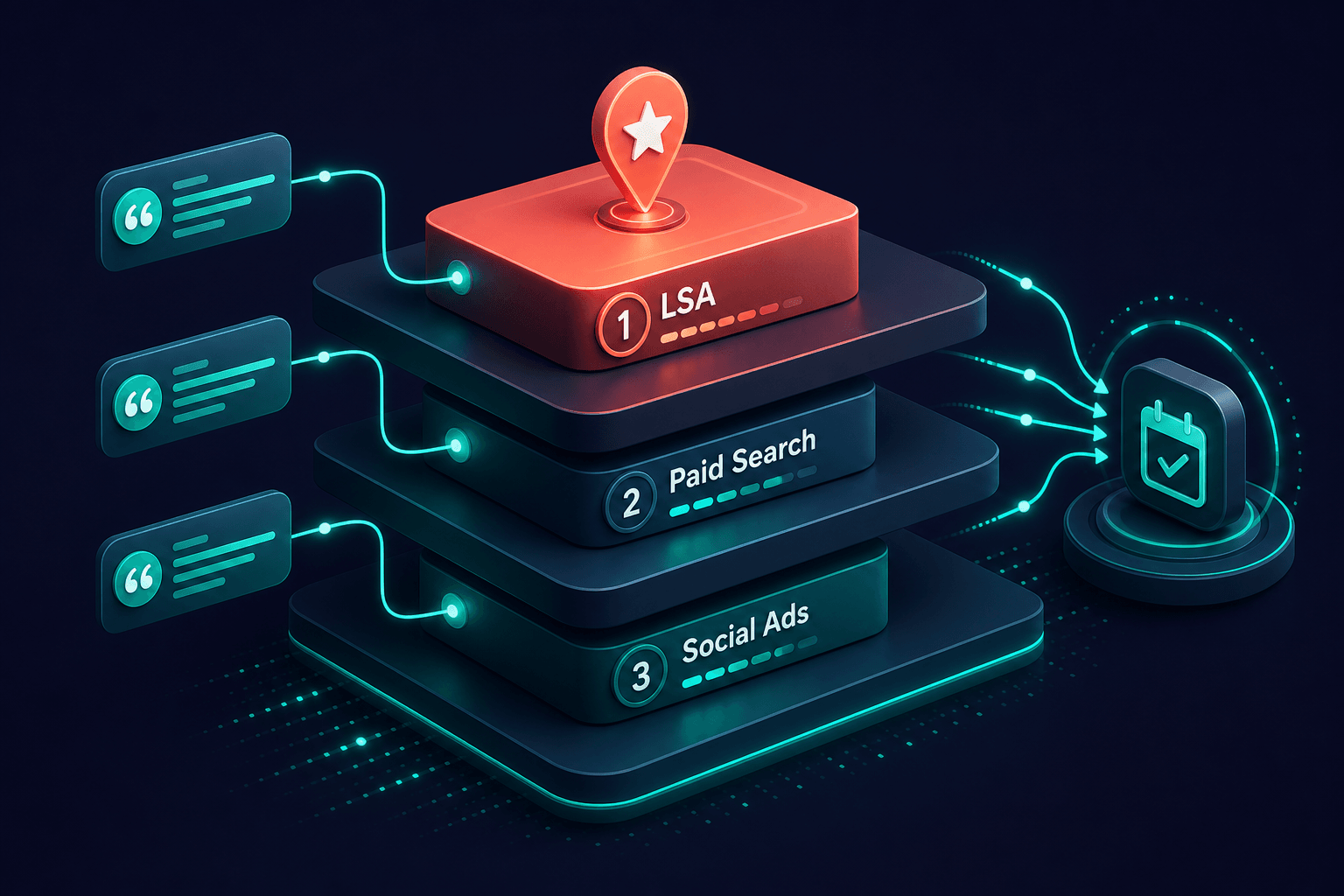 Conceptual illustration of Google Local Services Ads and paid search for plumbing with lead flow