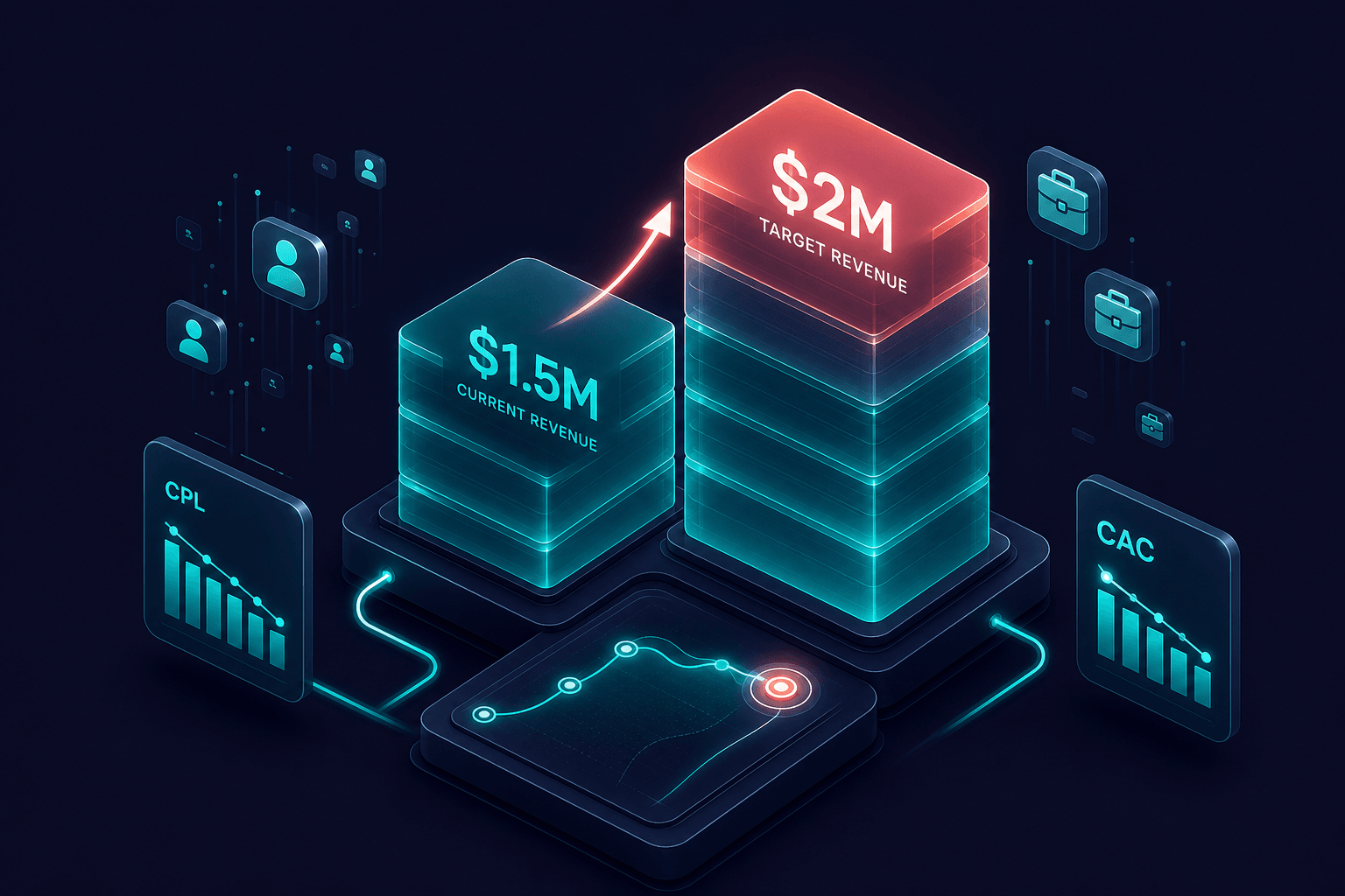 Conceptual illustration of plumbing business revenue targets and marketing budget allocation with metric blocks